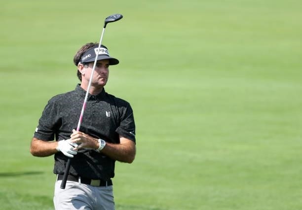 Bubba Watson plays his shot on the fourth hole during the first round of the Rocket Mortgage Classic on July 01, 2021 at the Detroit Golf Club in...
