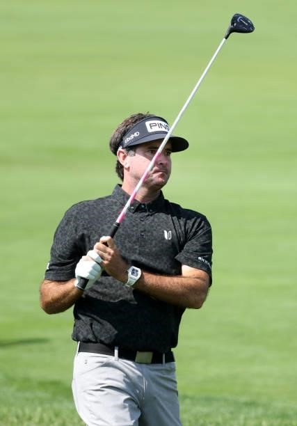 Bubba Watson plays his shot on the fourth hole during the first round of the Rocket Mortgage Classic on July 01, 2021 at the Detroit Golf Club in...