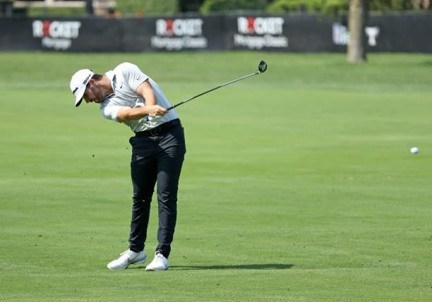 Matthew Wolff plays his shot on the fourth hole during the first round of the Rocket Mortgage Classic on July 01, 2021 at the Detroit Golf Club in...