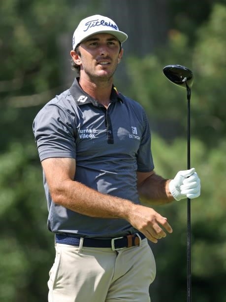 Max Homa plays his shot from the fourth tee during the first round of the Rocket Mortgage Classic on July 01, 2021 at the Detroit Golf Club in...