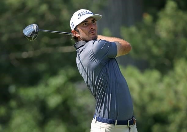 Max Homa plays his shot from the fourth tee during the first round of the Rocket Mortgage Classic on July 01, 2021 at the Detroit Golf Club in...