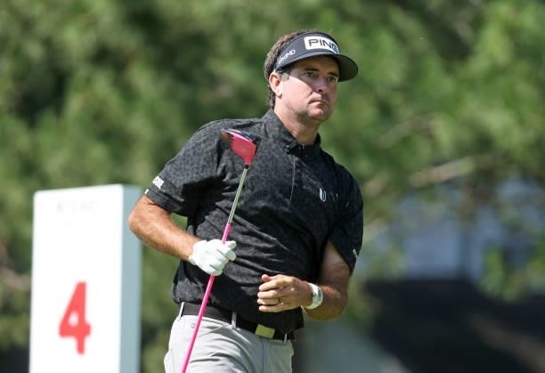 Bubba Watson plays his shot from the fourth tee during the first round of the Rocket Mortgage Classic on July 01, 2021 at the Detroit Golf Club in...