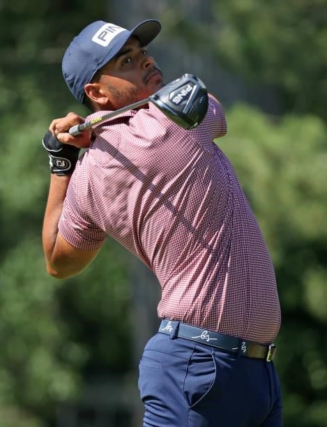 Sebastian Munoz of Colombia plays his shot from the fourth tee during the first round of the Rocket Mortgage Classic on July 01, 2021 at the Detroit...