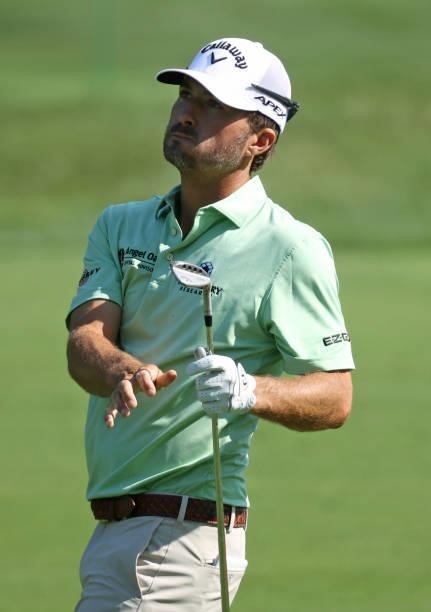 Kevin Kisner reacts to his second shot on the third hole during the first round of the Rocket Mortgage Classic on July 01, 2021 at the Detroit Golf...