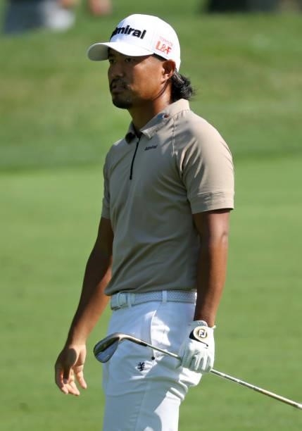Satoshi Kodaira of Japan plays his shot on the third hole during the first round of the Rocket Mortgage Classic on July 01, 2021 at the Detroit Golf...