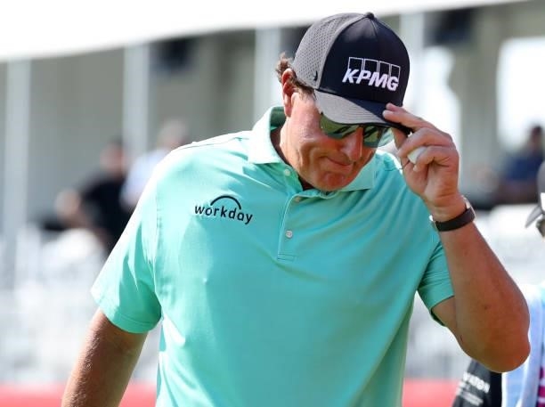 Phil Mickelson reacts to his putt on the 17th green during the first round of the Rocket Mortgage Classic on July 01, 2021 at the Detroit Golf Club...