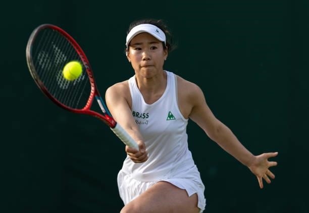 Nao Hibino of Japan plays a forehand during her Ladies' Singles Second Round match against Aliaksandra Sasnovich of Belarus during Day Four of The...