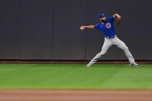Jake Arrieta of the Chicago Cubs warms up before a game against the Milwaukee Brewers at American Family Field on June 30, 2021 in Milwaukee,...