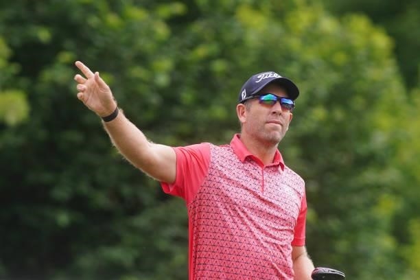 Oliver Bekker of South Africa gestures during Day One of the Kaskada Golf Challenge at Kaskada Golf Resort on July 01, 2021 in Brno, Czech Republic.