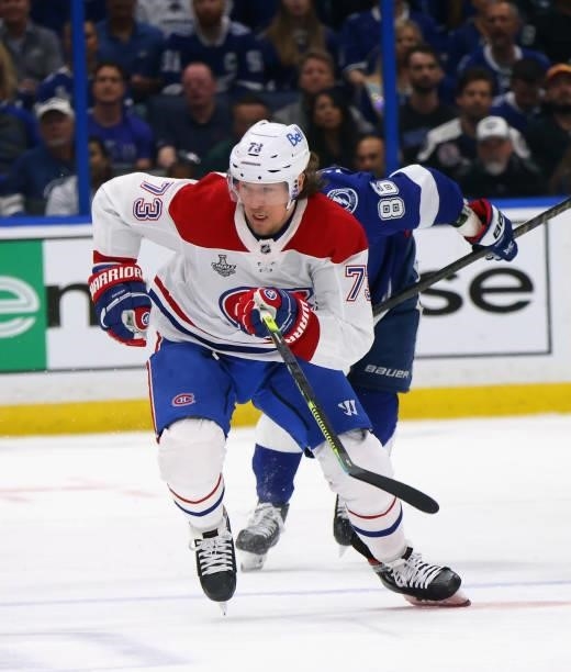 Tyler Toffoli of the Montreal Canadiens skates against the Tampa Bay Lightning in Game Two of the 2021 NHL Stanley Cup Final at the Amalie Arena on...