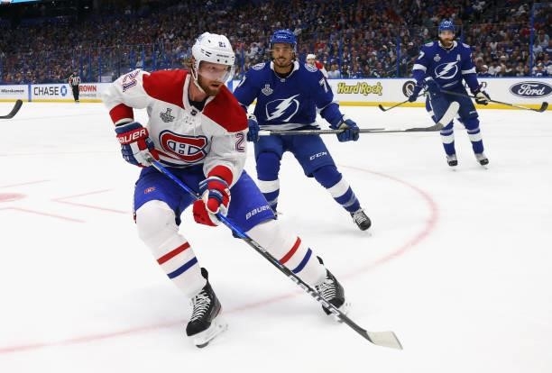 Eric Staal of the Montreal Canadiens skates against the Tampa Bay Lightning in Game Two of the 2021 NHL Stanley Cup Final at the Amalie Arena on June...