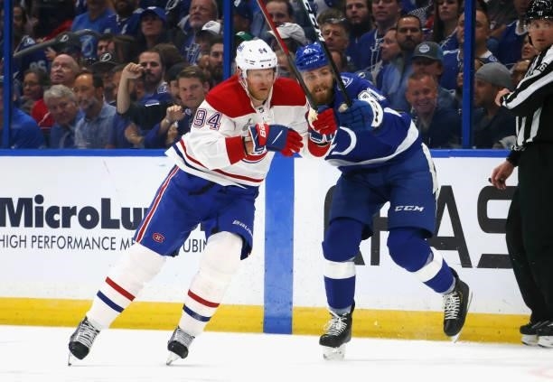 Corey Perry of the Montreal Canadiens skates against the Tampa Bay Lightning in Game Two of the 2021 NHL Stanley Cup Final at the Amalie Arena on...