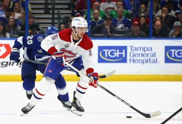 Jesperi Kotkaniemi of the Montreal Canadiens skates against the Tampa Bay Lightning in Game Two of the 2021 NHL Stanley Cup Final at the Amalie Arena...