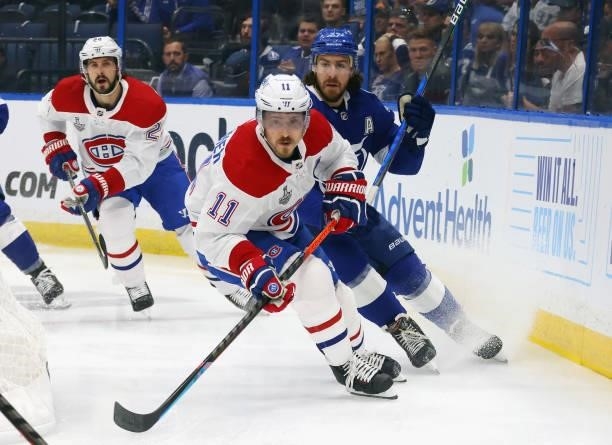 Brendan Gallagher of the Montreal Canadiens skates against the Tampa Bay Lightning in Game Two of the 2021 NHL Stanley Cup Final at the Amalie Arena...