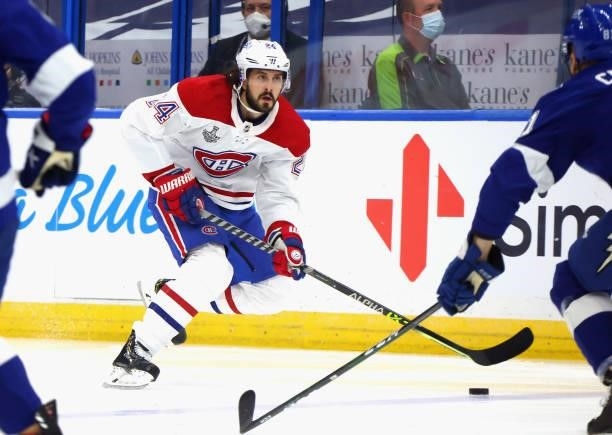 Phillip Danault of the Montreal Canadiens skates against the Tampa Bay Lightning in Game Two of the 2021 NHL Stanley Cup Final at the Amalie Arena on...