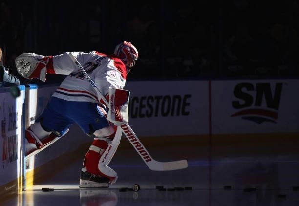 Carey Price of the Montreal Canadiens skates out to play against the Tampa Bay Lightning in Game Two of the 2021 NHL Stanley Cup Final at the Amalie...