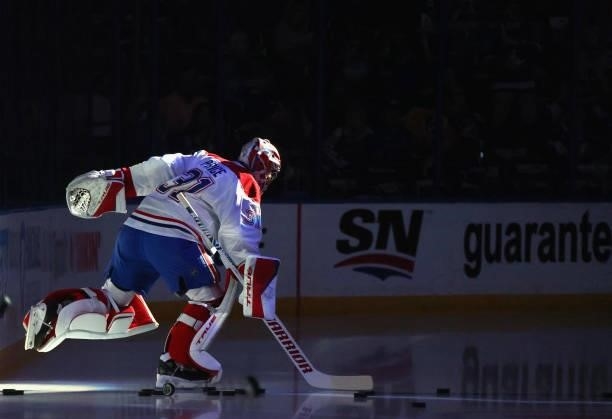 Carey Price of the Montreal Canadiens skates out to play against the Tampa Bay Lightning in Game Two of the 2021 NHL Stanley Cup Final at the Amalie...