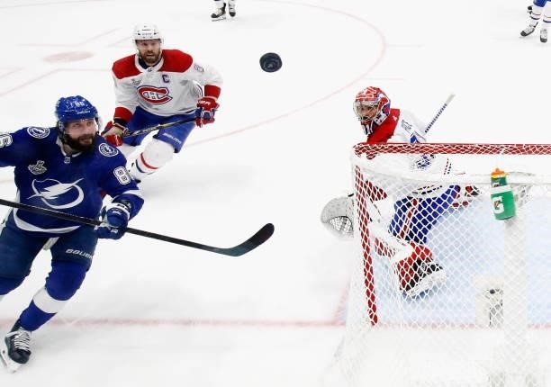 Nikita Kucherov of the Tampa Bay Lightning skates against Carey Price of the Montreal Canadiens in Game Two of the 2021 NHL Stanley Cup Final at the...