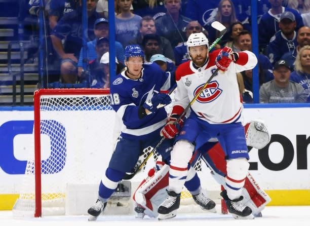 Ondrej Palat of the Tampa Bay Lightning skates against Shea Weber of the Montreal Canadiens in Game Two of the 2021 NHL Stanley Cup Final at the...