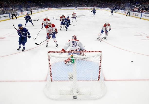 The Montreal Canadiens defend against the Tampa Bay Lightning in Game Two of the 2021 NHL Stanley Cup Final at the Amalie Arena on June 30, 2021 in...
