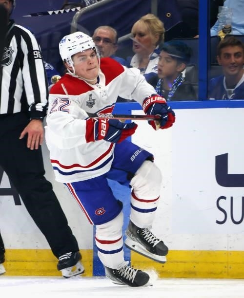 Cole Caufield of the Montreal Canadiens skates against the Tampa Bay Lightning in Game Two of the 2021 NHL Stanley Cup Final at the Amalie Arena on...