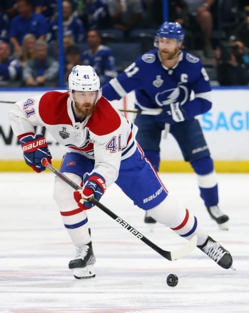 Paul Byron of the Montreal Canadiens skates against the Tampa Bay Lightning in Game Two of the 2021 NHL Stanley Cup Final at the Amalie Arena on June...