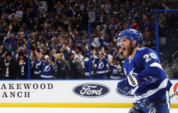 Blake Coleman of the Tampa Bay Lightning celebrates his goal during the second period Montreal Canadiens in Game Two of the 2021 NHL Stanley Cup...