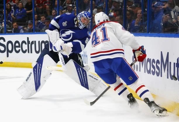 Andrei Vasilevskiy of the Tampa Bay Lightning skates against the Montreal Canadiens in Game Two of the 2021 NHL Stanley Cup Final at the Amalie Arena...