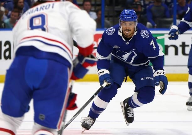 Mathieu Joseph of the Tampa Bay Lightning skates against the Montreal Canadiens in Game Two of the 2021 NHL Stanley Cup Final at the Amalie Arena on...