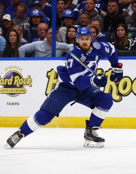 Ryan McDonagh of the Tampa Bay Lightning skates against the Montreal Canadiens in Game Two of the 2021 NHL Stanley Cup Final at the Amalie Arena on...