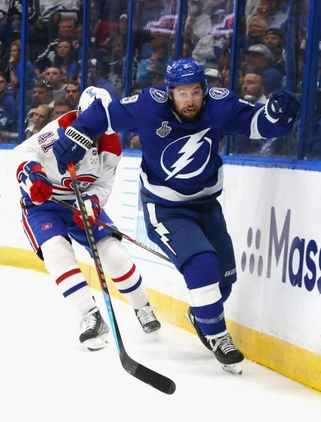 Tyler Johnson of the Tampa Bay Lightning skates against the Montreal Canadiens in Game Two of the 2021 NHL Stanley Cup Final at the Amalie Arena on...