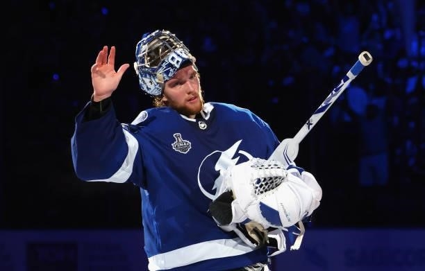 Andrei Vasilevskiy of the Tampa Bay Lightning is named the first star of the game against the Montreal Canadiens in Game Two of the 2021 NHL Stanley...