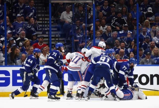 The Tampa Bay Lightning defend against the Montreal Canadiens in Game Two of the 2021 NHL Stanley Cup Final at the Amalie Arena on June 30, 2021 in...