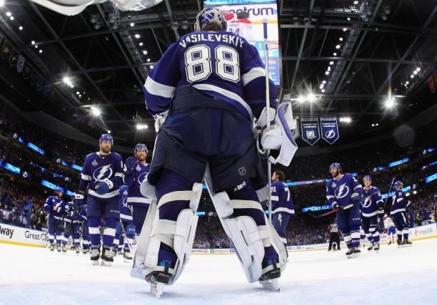 Andrei Vasilevskiy and the Tampa Bay Lightning celebrate their victory over the Montreal Canadiens in Game Two of the 2021 NHL Stanley Cup Final at...