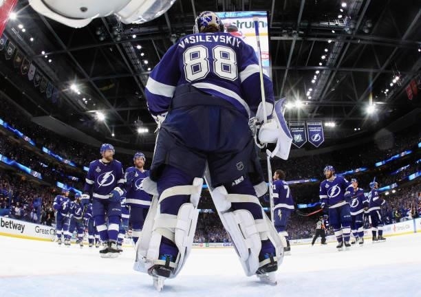 Andrei Vasilevskiy and the Tampa Bay Lightning celebrate their victory over the Montreal Canadiens in Game Two of the 2021 NHL Stanley Cup Final at...