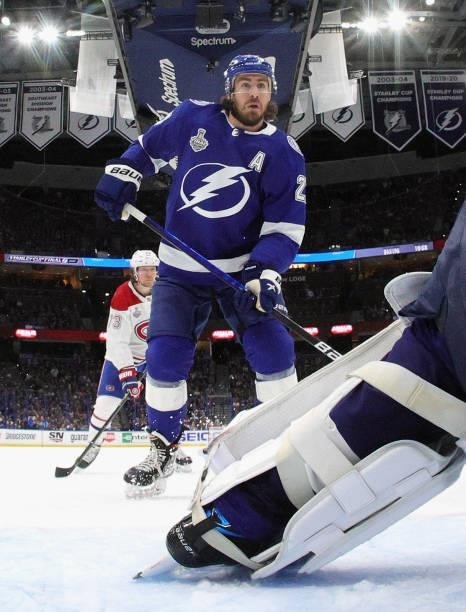 Ryan McDonagh of the Tampa Bay Lightning skates against the Montreal Canadiens in Game Two of the 2021 NHL Stanley Cup Final at the Amalie Arena on...