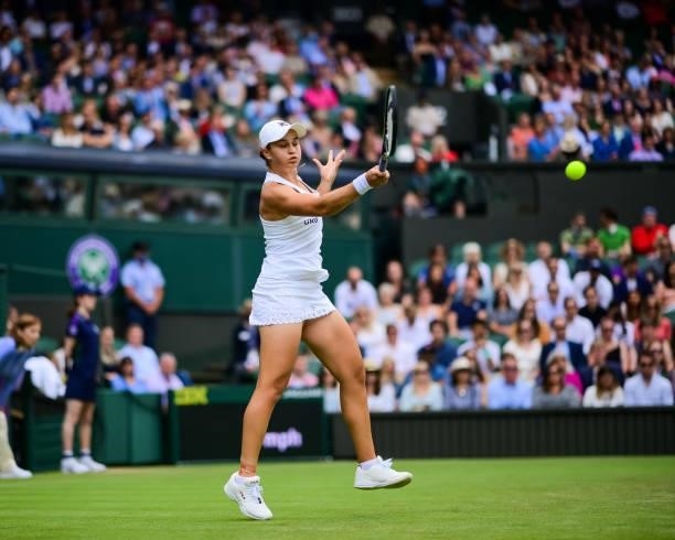 Ashleigh Barty hits a forehand against Anna Blinkova of Russia in the second round of the ladies singles during Day Four of The Championships -...