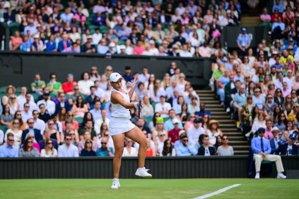 Ashleigh Barty hits a forehand against Anna Blinkova of Russia in the second round of the ladies singles during Day Four of The Championships -...