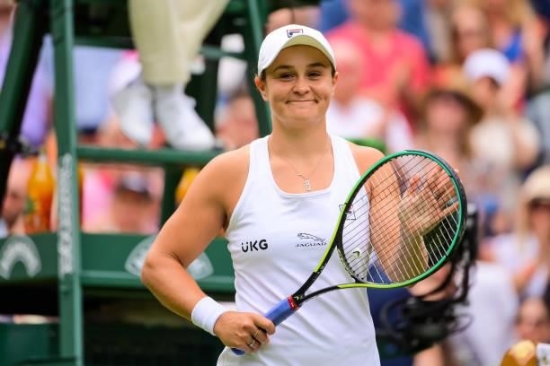Ashleigh Barty celebrates her victory over Anna Blinkova of Russia in the second round of the ladies singles during Day Four of The Championships -...