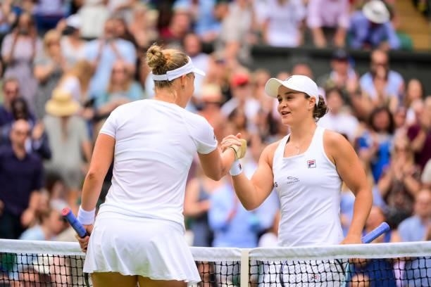 Ashleigh Barty shakes hands with Anna Blinkova of Russia after beating her in the second round of the ladies singles during Day Four of The...