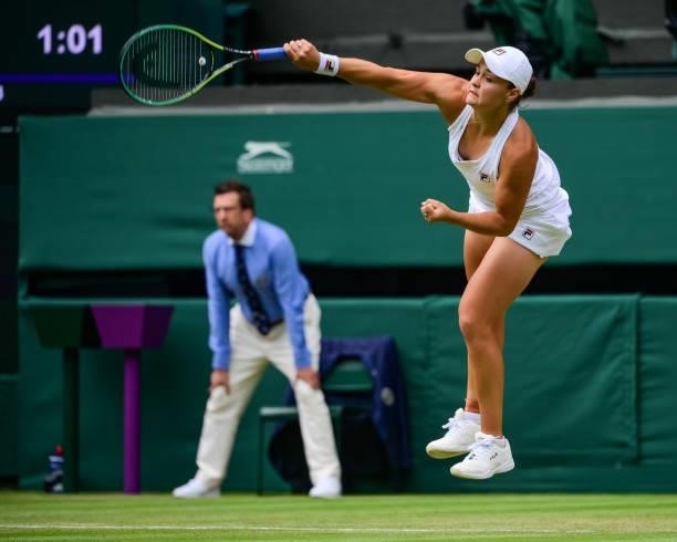 Ashleigh Barty serves against Anna Blinkova of Russia in the second round of the ladies singles during Day Four of The Championships - Wimbledon 2021...