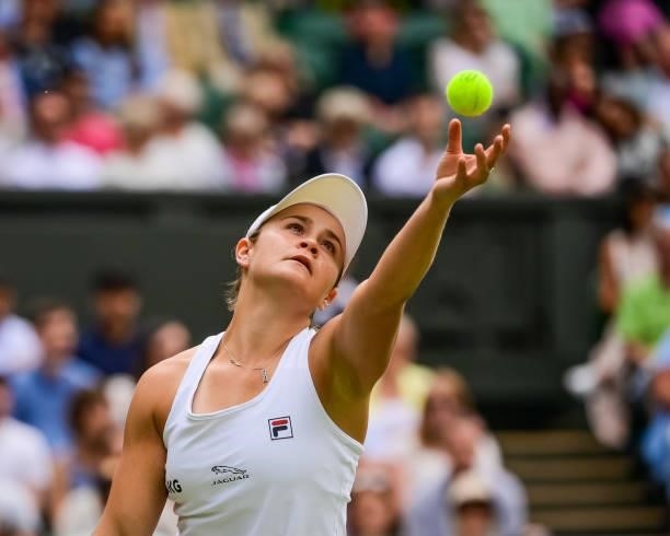 Ashleigh Barty serves against Anna Blinkova of Russia in the second round of the ladies singles during Day Four of The Championships - Wimbledon 2021...