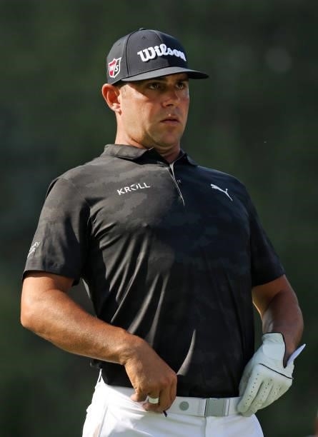 Gary Woodland reacts to his shot from the ninth tee during the first round of the Rocket Mortgage Classic on July 01, 2021 at the Detroit Golf Club...