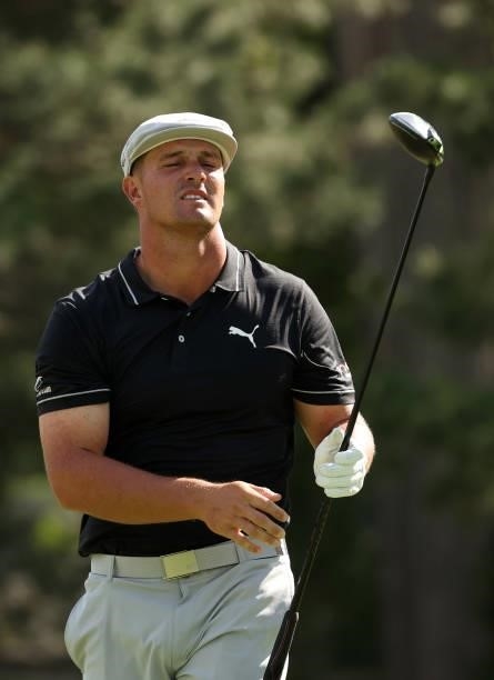Bryson DeChambeau reacts to his shot from the fourth tee during the first round of the Rocket Mortgage Classic on July 01, 2021 at the Detroit Golf...