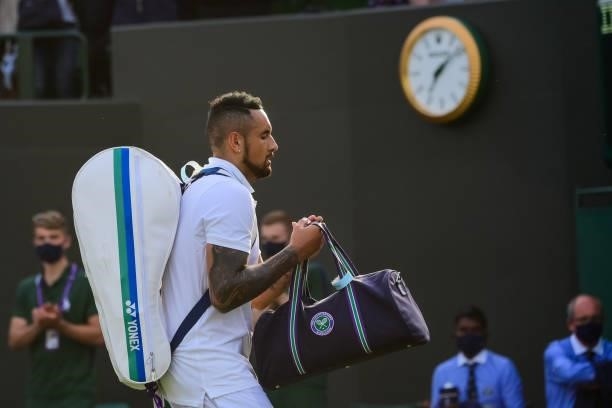 Nick Kyrgios of Australia waves to the crowd as he leaves court 3 after his victory over Gianluca Mager of Italy in the second round of the...