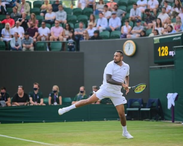 Nick Kyrgios of Australia hits a forehand against Gianluca Mager of Italy in the second round of the gentlemen's singles during Day Four of The...
