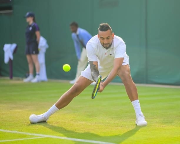 Nick Kyrgios of Australia hits a backhand against Gianluca Mager of Italy in the second round of the gentlemen's singles during Day Four of The...