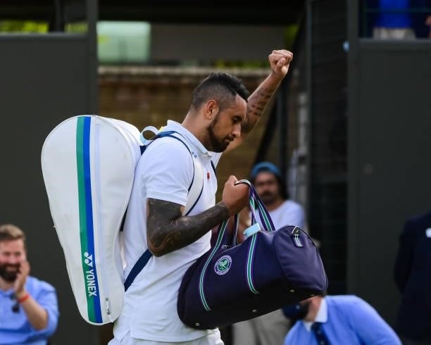 Nick Kyrgios of Australia waves to the crowd as he leaves court 3 after his victory over Gianluca Mager of Italy in the second round of the...