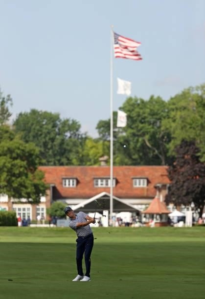 Kramer Hickok plays his shot during the first round of the Rocket Mortgage Classic on July 01, 2021 at the Detroit Golf Club in Detroit, Michigan.