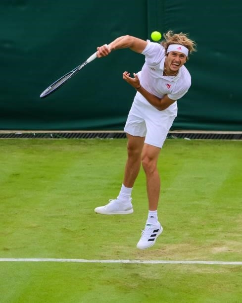 Alexander Zverev of Germany serves against Tennys Sandgren of the United States in the second round of the gentlemen's singles during Day Four of The...